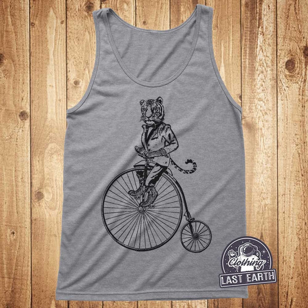 Tiger on a Bike Tank Top | Penny Farthing Bicycle Graphic Tee | Ladies Racerback Tank  | Mens Tank Top